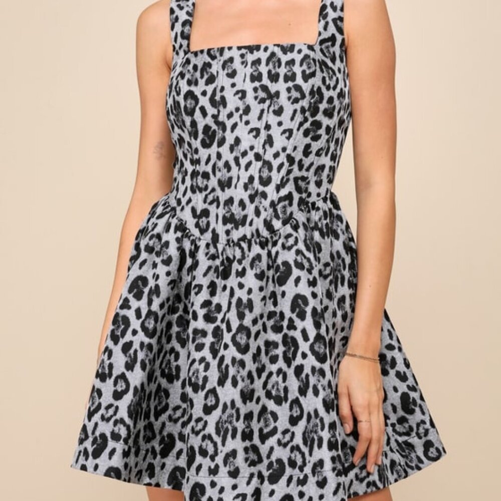 Lulus Untamed Cutie Grey Leopard Jacquard Bustier Mini Dress - Size XS - Picture 2 of 4
